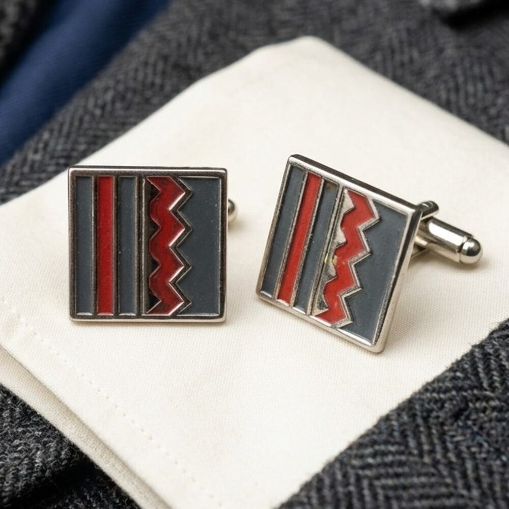 Vintage Speidel Red Black Enamel Geometric Square Cufflinks MCM Southwestern